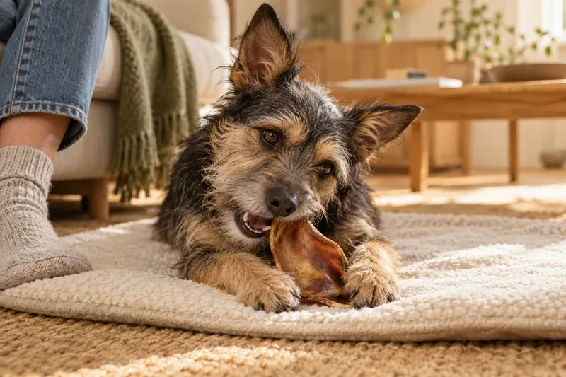 Un terrier mestizo disfruta de un masticable junto a su persona en casa