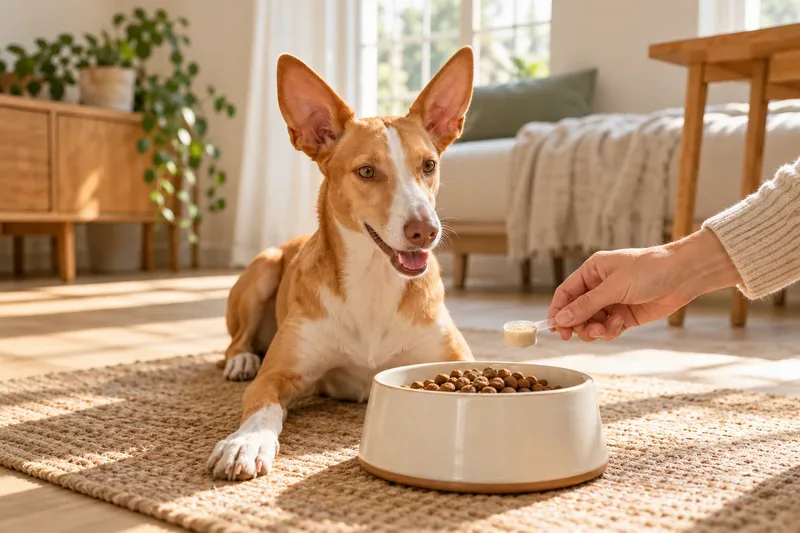 Un podenco acompaña a su persona mientras prepara su comida con un suplemento
