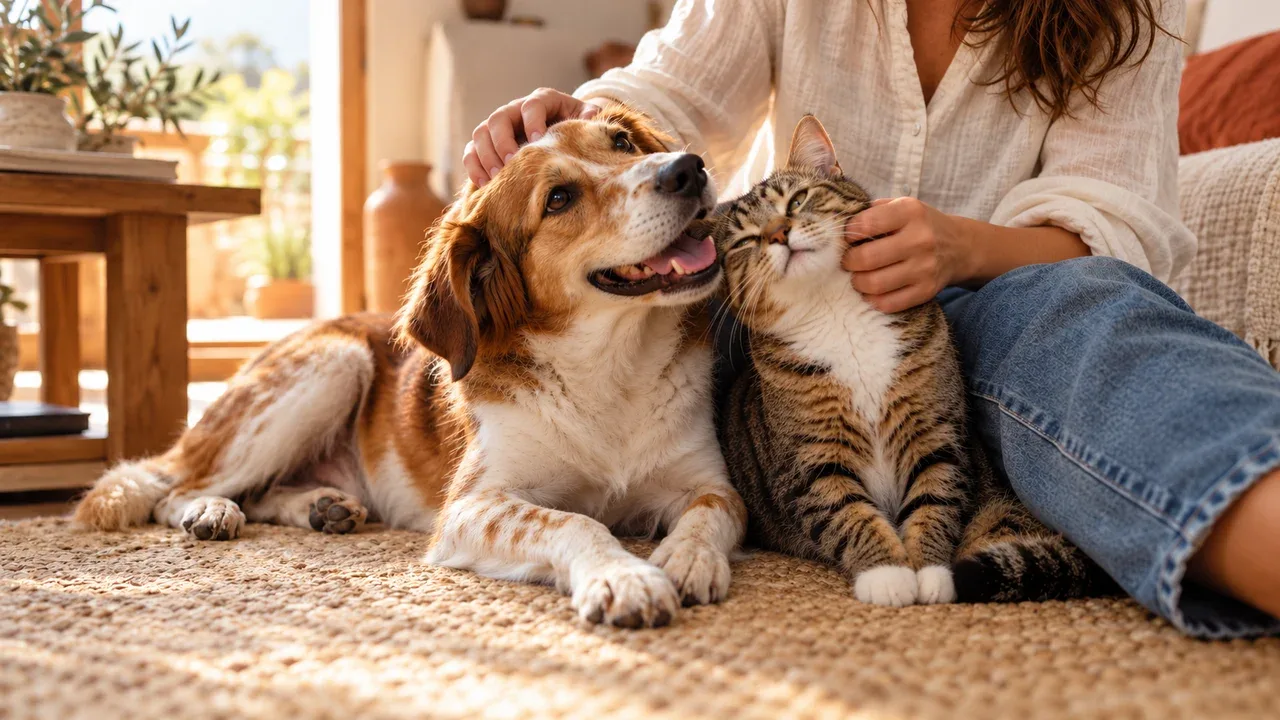 Un perro alegre y un gato disfrutan de las caricias de su persona