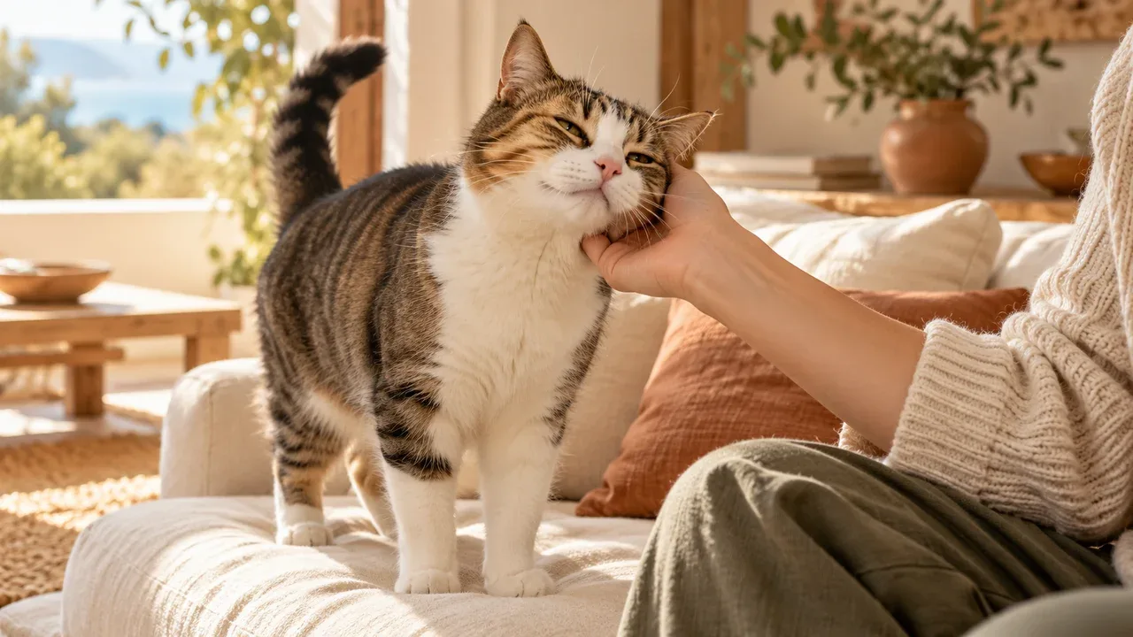 Un gato busca el contacto de su persona y disfruta de una caricia en la mejilla