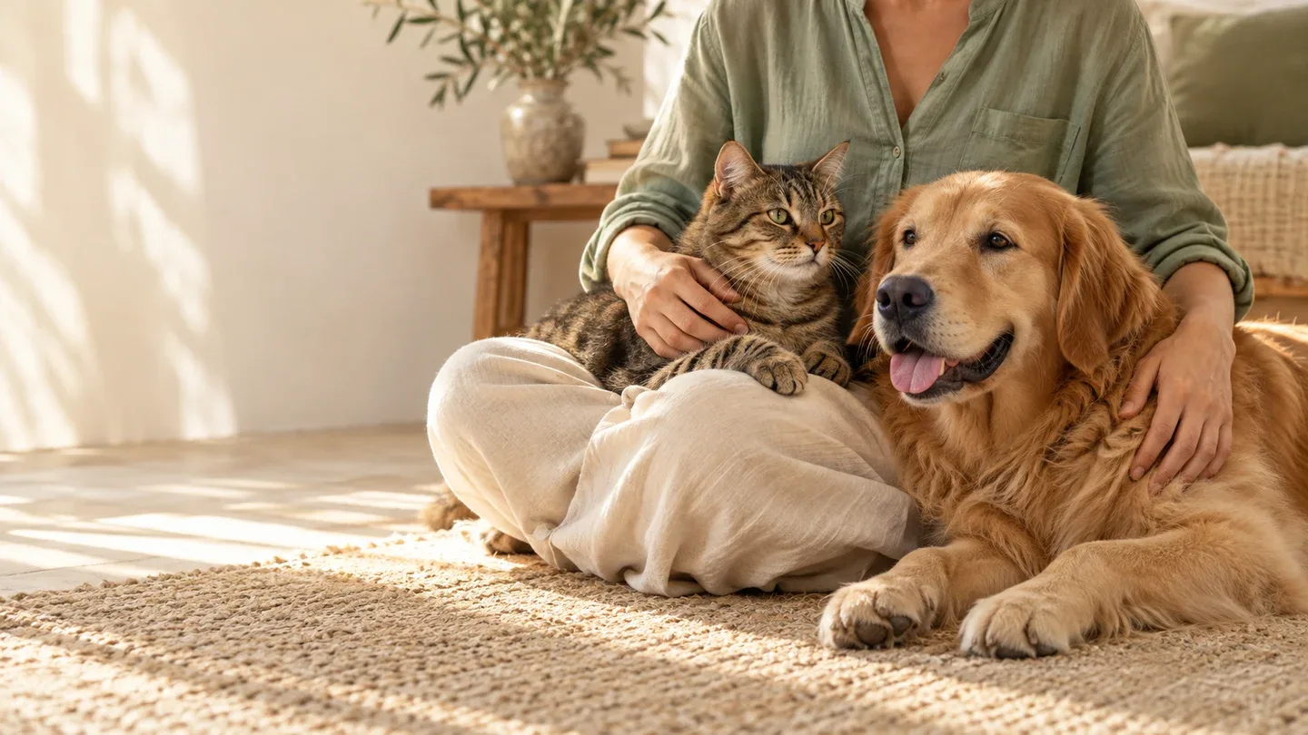 Un perro y un gato descansan juntos, en contacto con su persona, en casa