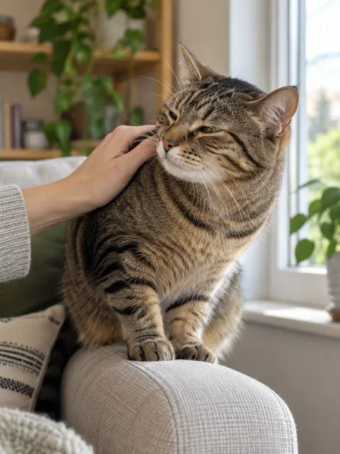 Un gato disfruta de una caricia junto a la ventana