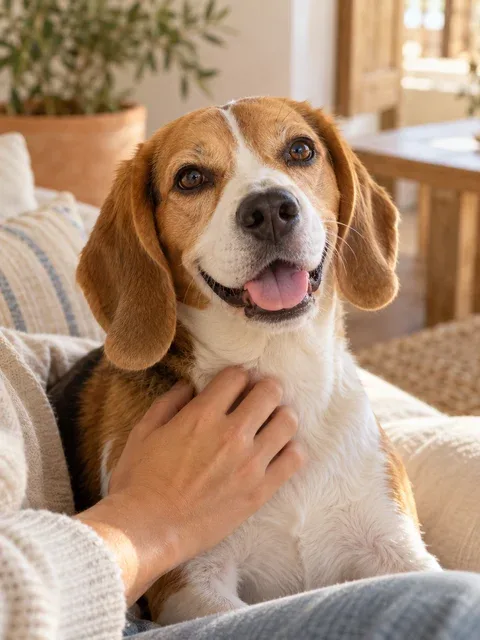 Un perro con expresión alegre disfruta de una caricia