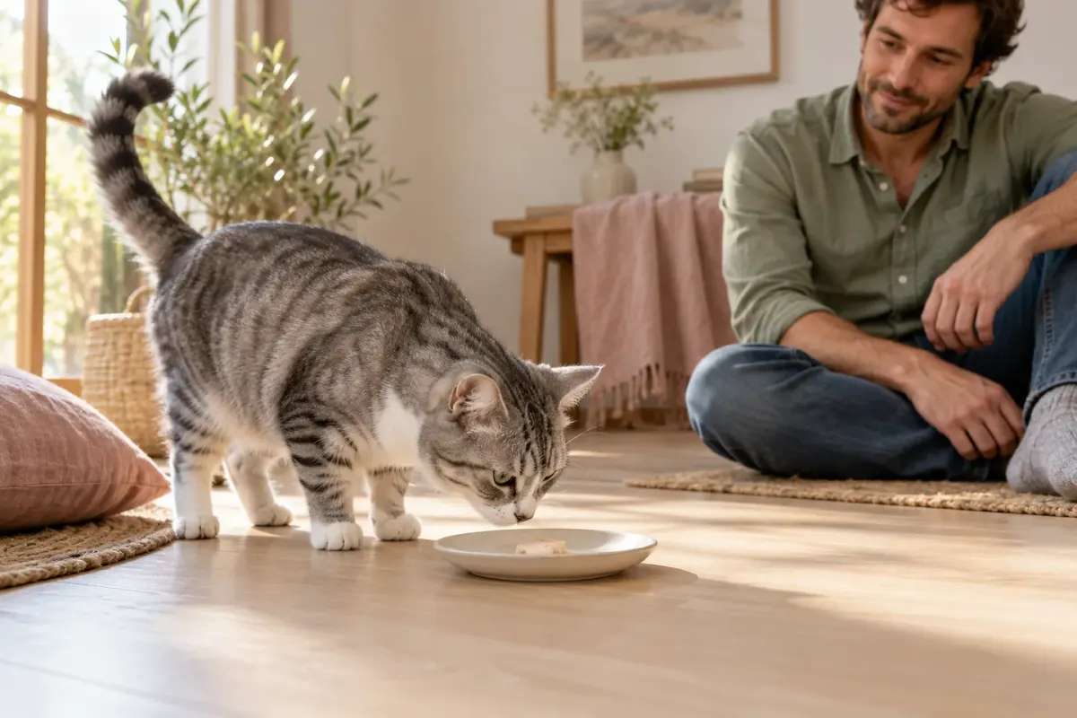 Un gato atigrado se acerca a probar un premio en un plato mientras su persona observa