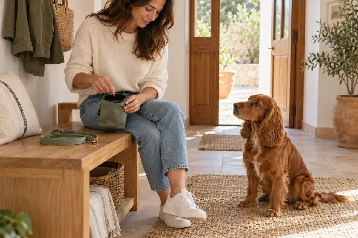 Antes de salir, una persona prepara la bolsita de premios mientras su perro espera sentado