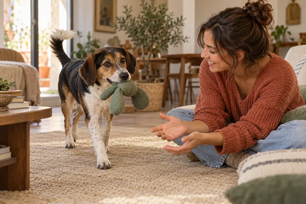 Portada del cuaderno «Hoy, ¿qué hacemos?»: una persona juega en casa con su perro